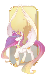 Size: 2107x3396 | Tagged: dead source, safe, artist:antiander, princess celestia, alicorn, pony, g4, canterlot, female, frame, high res, long tail, raised hoof, simple background, solo, spread wings, transparent background, unshorn fetlocks