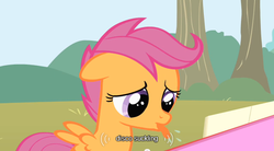 Size: 640x354 | Tagged: safe, screencap, scootaloo, pegasus, pony, g4, the show stoppers, drool, female, filly, foal, musical instrument, piano, tongue out, tree, youtube caption