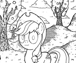 Size: 2938x2425 | Tagged: safe, artist:duckduckbear, applejack, earth pony, pony, g4, female, high res, monochrome, solo, traditional art, tree