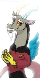 Size: 534x1024 | Tagged: safe, artist:spiggy-the-cat, discord, draconequus, g4, clothes, cosplay, costume, crossover, disqord, male, q, smiling, solo, star trek, voice actor joke