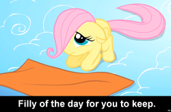 Size: 1024x672 | Tagged: safe, edit, edited screencap, screencap, fluttershy, pegasus, pony, g4, blanket, caption, cloud, cloudsdale, cs captions, female, filly, floppy ears, foal, solo