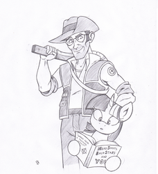 Size: 982x1075 | Tagged: safe, artist:joey darkmeat, twilight sparkle, pony, g4, crossover, duo, monochrome, sketch, sniper, sniper (tf2), team fortress 2, traditional art