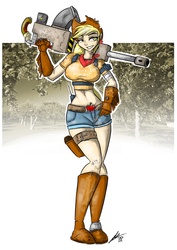 Size: 1024x1448 | Tagged: safe, artist:ozu-kenji, applejack, human, g4, applebucking thighs, breasts, busty applejack, clothes, female, gun, humanized, shorts