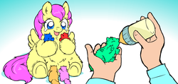 Size: 1200x572 | Tagged: safe, artist:marcusmaximus, fluttershy, fluffy pony, g4, bottle, breastfeeding, crotchboobs, fluffy pony foals, fluffy pony mother, fluffyshy, milk, nonsexual nursing, nursing, suckling