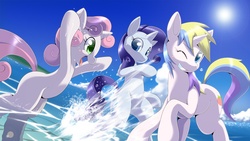 Size: 1920x1080 | Tagged: safe, artist:oze, holly dash, rarity, sweetie belle, pony, unicorn, g4, beach, bipedal, cute, diasweetes, female, filly, mare, one eye closed, skinny dipping, splashing, trio, trio female, wallpaper, water, wink