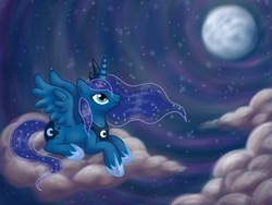Size: 2048x1536 | Tagged: safe, artist:mausefang, princess luna, pony, g4, cloud, cloudy, female, moon, night, prone, solo