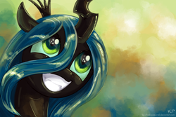 Size: 1200x800 | Tagged: safe, artist:kp-shadowsquirrel, queen chrysalis, changeling, changeling queen, g4, crown, cute, cutealis, female, grin, jewelry, regalia, smiling, solo