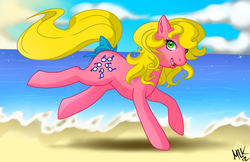 Size: 850x550 | Tagged: safe, artist:my-little-kirin, shady, earth pony, pony, g1, g4, 2012, beach, bow, cloud, cute, female, g1 shadybetes, g1 to g4, generation leap, looking at you, mare, nerd pony, ocean, open mouth, open smile, running, sky, smiling, solo, tail, tail bow, water