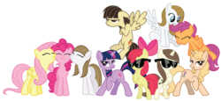 Size: 13000x6000 | Tagged: safe, artist:midnight--blitz, apple bloom, fluttershy, pinkie pie, scootaloo, taralicious, twilight sparkle, wild fire, oc, earth pony, pegasus, pony, unicorn, g4, absurd resolution, andrea libman, apple bloom's bow, bipedal, bow, buzzing wings, crossed arms, eyes closed, female, filly, floppy ears, flying, hair bow, madeleine peters, mare, michelle creber, ponified, ponysona, puffy cheeks, scootaloo can fly, self ponidox, sibsy, simple background, sunglasses, tara strong, transparent background, unamused, unicorn twilight, vector, wild fire is not amused, wings, wip