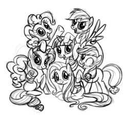 Size: 640x640 | Tagged: safe, artist:lauren faust, applejack, fluttershy, pinkie pie, rainbow dash, rarity, twilight sparkle, g4, mane six, mane six opening poses, monochrome, sketch