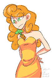 Size: 489x731 | Tagged: safe, artist:steeve, carrot top, golden harvest, human, g4, animated, armpits, bare shoulders, between breasts, blinking, breasts, carrot, clothes, dress, eyebrows, eyelashes, female, green eyes, humanized, no pupils, shadow, solo, text