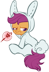 Size: 549x801 | Tagged: dead source, safe, artist:clovercoin, scootaloo, g4, bunny costume, bunny pajamas, bunnyloo, clothes, cross-popping veins, pictogram, simple background, unamused, white background