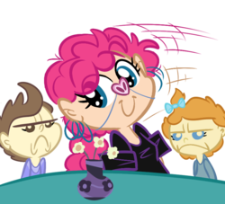 Size: 770x700 | Tagged: safe, artist:tess, pinkie pie, pound cake, pumpkin cake, human, pig, baby cakes, g4, humanized, pig nose, piggie pie, scene interpretation, simple background, transparent background, unamused