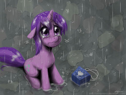 Size: 1300x979 | Tagged: safe, artist:johnjoseco, amethyst star, sparkler, pony, unicorn, g4, background pony, bag, crying, female, heart, mare, rain, sad, solo, wet mane