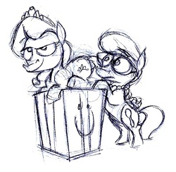 Size: 488x476 | Tagged: safe, artist:capnpea, diamond tiara, silver spoon, earth pony, pony, friendship is witchcraft, g4, black and white, box, female, filly, grayscale, monochrome, mr. boxter