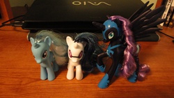Size: 4320x2432 | Tagged: safe, dj pon-3, nightmare moon, trixie, vinyl scratch, g4, brushable, favorite collection, irl, photo, toy