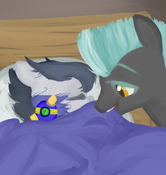 Size: 664x700 | Tagged: safe, artist:daeternal, rumble, thunderlane, pegasus, pony, g4, ask-little-rumble, bed, blanket, brotherly love, brothers, male, plushie, sibling, sibling love, siblings, sleeping, tucking in, tumblr, wonderbolts