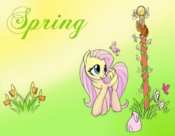 Size: 660x513 | Tagged: safe, artist:tanya roberts, fluttershy, bird, butterfly, rabbit, g4, female, flower, folded wings, raised hoof, solo, spring
