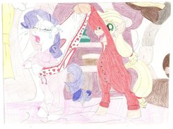 Size: 900x674 | Tagged: safe, artist:wjmmovieman, applejack, rarity, earth pony, pony, unicorn, g4, abuse, applejerk, bipedal, butt flap, clothes, crying, female, frilly underwear, mare, onesie, pajamas, panties, raribuse, traditional art, underwear, wedgie