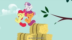 Size: 1344x756 | Tagged: safe, screencap, apple bloom, scootaloo, sweetie belle, g4, hearts and hooves day (episode), cutie mark crusaders, hearts and hooves day, youtube caption