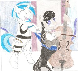 Size: 800x730 | Tagged: safe, artist:wjmmovieman, dj pon-3, octavia melody, vinyl scratch, g4, belly button, blue underwear, boxers, clothes, female, lesbian, panties, polka dot underwear, ship:scratchtavia, shipping, thong, traditional art, underwear, wedgie