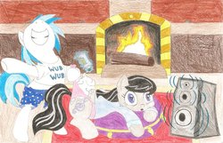 Size: 900x580 | Tagged: safe, artist:wjmmovieman, dj pon-3, octavia melody, vinyl scratch, earth pony, pony, unicorn, g4, boxers, clothes, female, fire, fireplace, lesbian, mare, panties, pink underwear, shaving cream, ship:scratchtavia, shipping, traditional art, underwear, wedgie