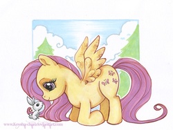 Size: 600x452 | Tagged: safe, artist:keyshakitty, angel bunny, fluttershy, pegasus, pony, rabbit, g4, animal, day, looking down, pine tree, pink eyes, tree