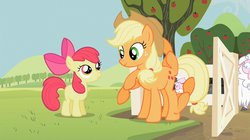 Size: 1102x619 | Tagged: safe, artist:capnpea, edit, edited screencap, screencap, apple bloom, applejack, g4, fimbriae, wat