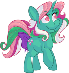 Size: 700x740 | Tagged: safe, artist:frostadflakes, fizzy, pony, twinkle eyed pony, unicorn, g1, g4, bow, female, g1 to g4, generation leap, horn, mare, raised hoof, simple background, smiling, solo, tail, tail bow, transparent background