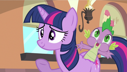 Size: 640x360 | Tagged: safe, artist:capnpea, edit, edited screencap, screencap, spike, twilight sparkle, g4, fimbriae, open mouth, puffy cheeks, shrug, smiling, wat, we have become one