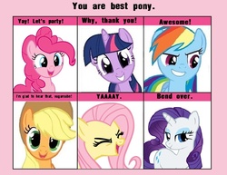 Size: 716x552 | Tagged: safe, applejack, fluttershy, pinkie pie, rainbow dash, rarity, twilight sparkle, earth pony, pegasus, pony, unicorn, g4, 6 pony meme, bend over, best pony, exploitable meme, female, flutteryay, mane six, mare, meme, meta, sugarcube, yay