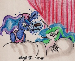 Size: 865x703 | Tagged: safe, artist:newyorkx3, princess celestia, princess luna, g4, backwards thermometer, bed, medicine, nurse, sick, thermometer, traditional art