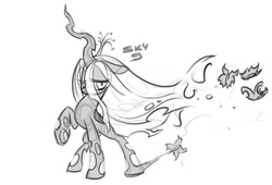 Size: 833x565 | Tagged: safe, artist:skygracer, queen chrysalis, changeling, changeling queen, g4, cute, cutealis, female, floppy ears, grayscale, looking at you, monochrome, raised hoof, sad, solo, wind, windswept mane