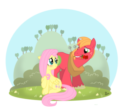 Size: 800x725 | Tagged: safe, artist:thephoebster, big macintosh, fluttershy, earth pony, pony, g4, blushing, flower, flower in mouth, male, mouth hold, rose, ship:fluttermac, shipping, simple background, stallion, straight, transparent background, unshorn fetlocks