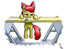 Size: 1024x768 | Tagged: safe, artist:ravenousdrake, apple bloom, earth pony, pony, g4, adorabloom, cute, female, filly, measuring tape, pencil, solo, suspended