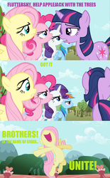 Size: 500x806 | Tagged: safe, fluttershy, pinkie pie, rainbow dash, rarity, twilight sparkle, earth pony, pegasus, pony, unicorn, g4, apple cider, caption, comic, female, fluttertree, mare, open mouth, tree, unicorn twilight