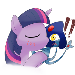 Size: 1000x1000 | Tagged: safe, artist:hoyeechun, twilight sparkle, azelf, pony, unicorn, g4, crossover, duo, female, kissing, mare, pokémon, simple background, unicorn twilight, white background