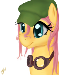 Size: 900x1150 | Tagged: safe, artist:genbulein, fluttershy, pony, g4, bust, colored pupils, female, goggles, hat, messy hair, simple background, solo, transparent background