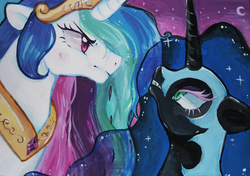 Size: 1300x916 | Tagged: safe, artist:shamblezz, nightmare moon, princess celestia, alicorn, pony, g4, duo, duo female, female, glare, mare, traditional art