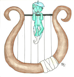 Size: 1634x1700 | Tagged: safe, artist:rainbowmerokodash, lyra heartstrings, pony, g4, female, hang in there, hanging, lyre, solo, traditional art