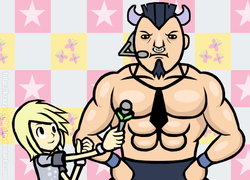 Size: 472x339 | Tagged: safe, artist:krazy-chibi, derpy hooves, iron will, g4, humanized, microphone, parody, rhythm heaven, ringside