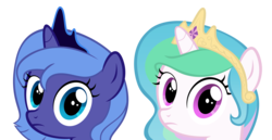 Size: 13126x6756 | Tagged: dead source, safe, artist:thatsgrotesque, princess celestia, princess luna, g4, absurd resolution, duo, filly, frown, looking at you, simple background, stare, sweetie belle's stare, transparent background, vector, younger
