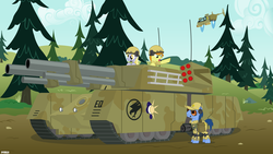 Size: 2880x1620 | Tagged: safe, artist:a4r91n, blues, carrot top, derpy hooves, golden harvest, noteworthy, pegasus, pony, g4, clothes, command and conquer, crossover, female, global defense initiative, hat, helmet, jet, mammoth tank, mare, military, minigun, orca assault craft, scrunchy face, tank (vehicle), tiberian dawn, tree, vector