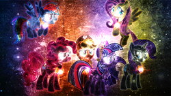 Size: 1024x576 | Tagged: dead source, safe, artist:tzolkine, applejack, fluttershy, pinkie pie, rainbow dash, rarity, twilight sparkle, g4, mane six, the cosmos, wallpaper