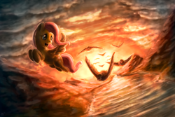Size: 1620x1080 | Tagged: safe, artist:assasinmonkey, fluttershy, bird, pegasus, pony, g4, cloud, cloudy, female, flying, mare, open mouth, outdoors, scenery, sky, smiling, solo, spread wings, sunset, water, wings