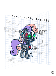 Size: 1357x1830 | Tagged: safe, artist:chicmonster, sweetie belle, pony, robot, unicorn, friendship is witchcraft, g4, 1337, anatomy, anatomy chart, chart, cutaway, female, filly, foal, hooves, horn, schematics, solo, sweetie bot, text