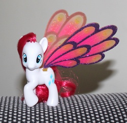 Size: 1660x1608 | Tagged: safe, artist:larakoplin, diamond rose, pegasus, pony, g4, brushable, butterfly wings, cutie mark, female, glimmer wings, hooves, irl, mare, photo, prototype, solo, spread wings, taobao, toy, wings