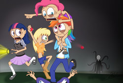 Size: 1085x737 | Tagged: safe, artist:hotdiggedydemon, artist:xioade, applejack, pinkie pie, rainbow dash, rarity, twilight sparkle, human, .mov, g4, apple, clothes, flashlight (object), humanized, skinny, skirt, slenderman, thin