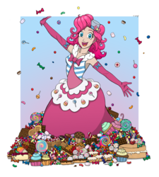 Size: 900x998 | Tagged: safe, artist:kaynime, pinkie pie, human, g4, candy, clothes, dress, female, gala dress, humanized, solo