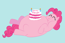 Size: 900x593 | Tagged: safe, artist:japaneseteeth, pinkie pie, g4, cake, fat, pudgy pie